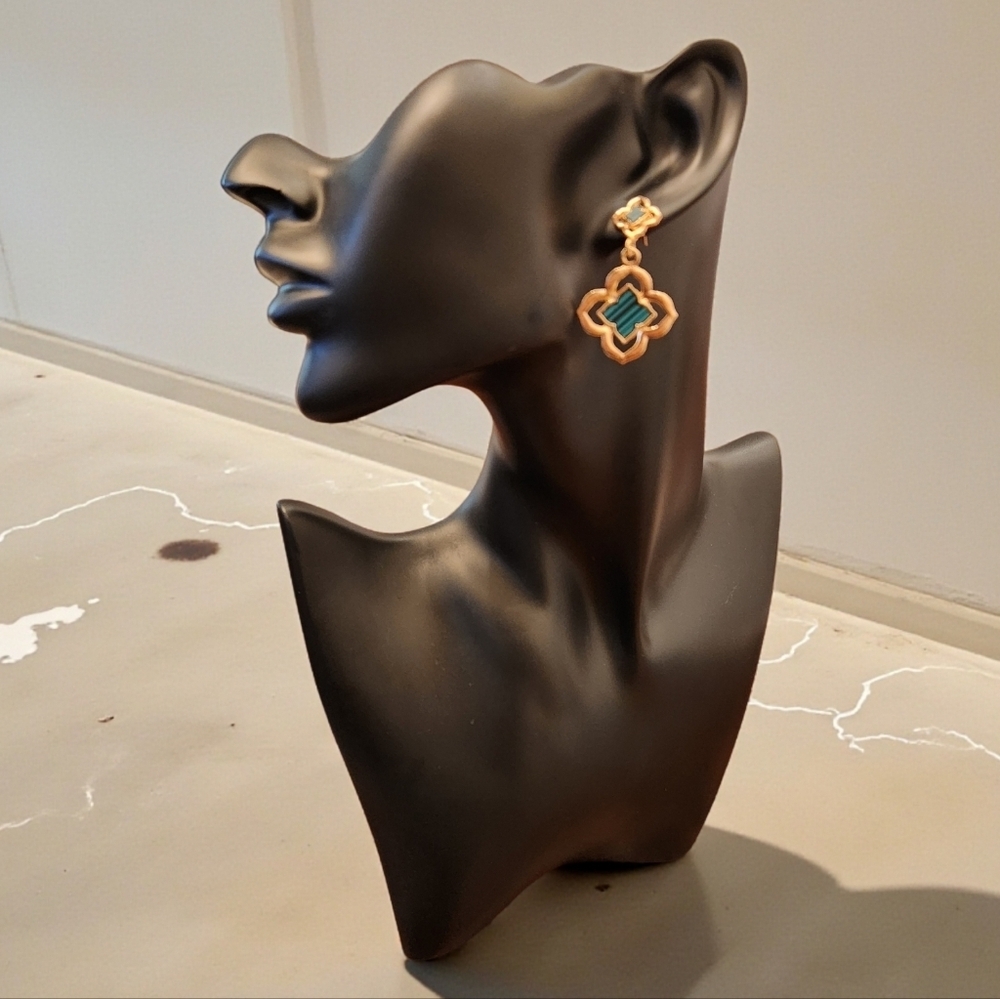 Gold & Teal Quatrefoil Drop Earrings